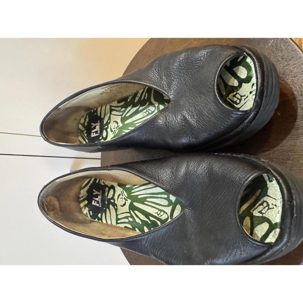 Fly London Black Leather Peep Toe Wedge Shoes